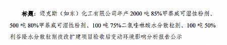 迈克斯（如东）化工有限公司迈克斯（如东）化工有限公司年产2000吨85%甲萘威可湿性粉剂、500吨80%甲萘威可湿性粉剂、100吨75%二氯喹啉酸水分散粒剂、100吨50%利谷隆水分散粒剂技改扩建项目验收后变动环境影响分析报告公示